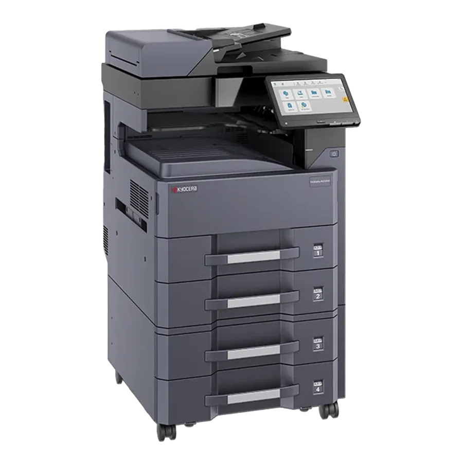 A Kyocera MZ 3200i professional printer with a touchscreen and multiple paper trays.