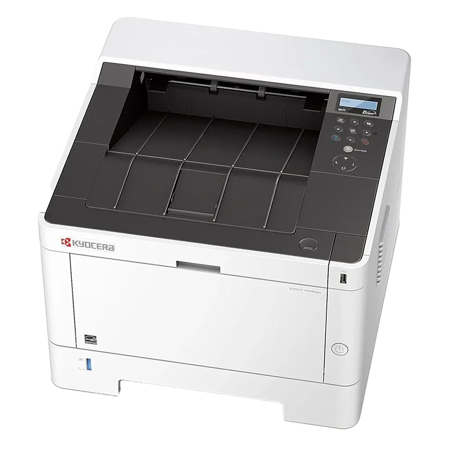 A Kyocera ECOSYS printer, model P2040dw, is shown from a three-quarter view. The printer is a compact, white box with a black control panel and paper trays on top.