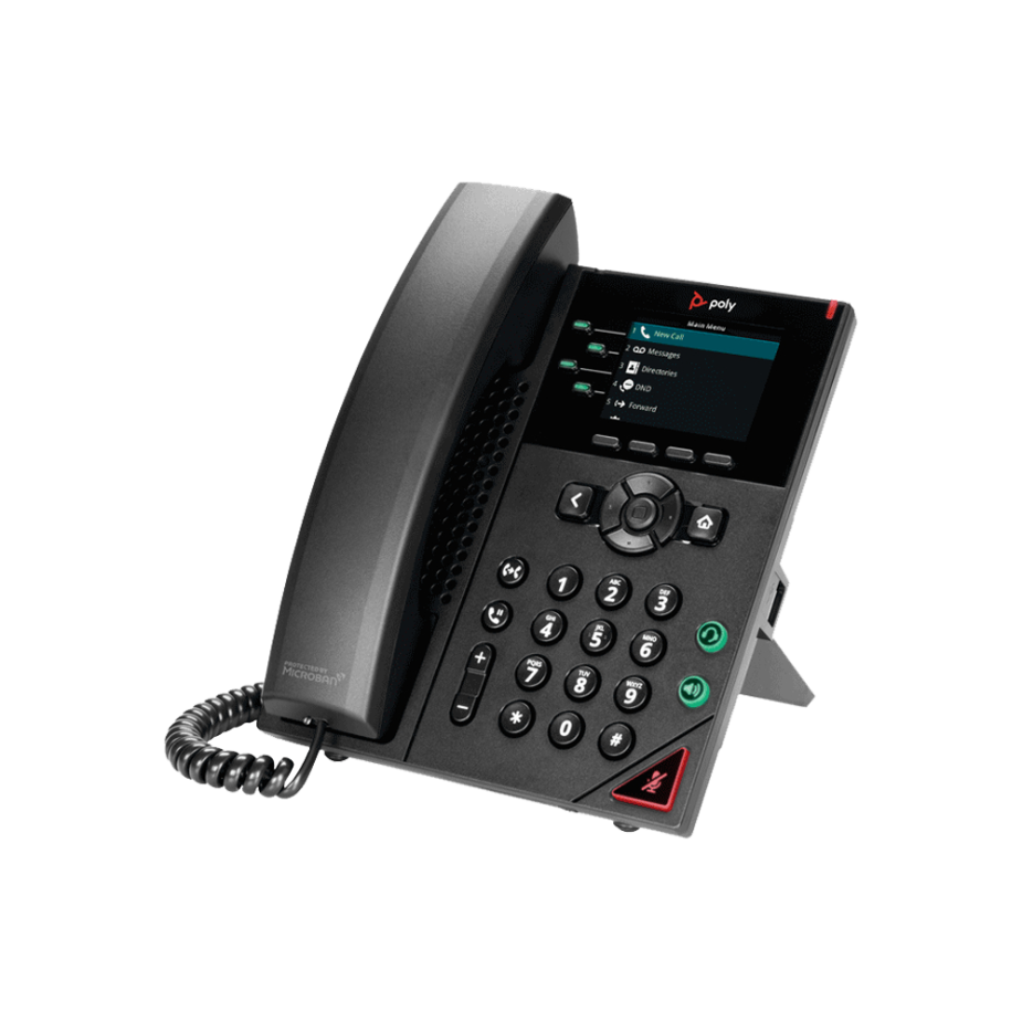 Elevate Technology black Polycom VVX 250 VoIP desk phone with a dark screen, number pad, and coiled handset.