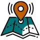 "Icon of a location pin with wireless signals on a map, representing location services, GPS tracking, cloud hosting, business email, and cloud email by Elevation Technology.