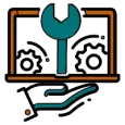Hand icon holding a laptop with a wrench and gears, representing Elevate Technology and Elevation Technology IT support for cloud-based phone system, Cloud PBX Phone System, Voicemail-to-email, and Hosted PBX repair services.