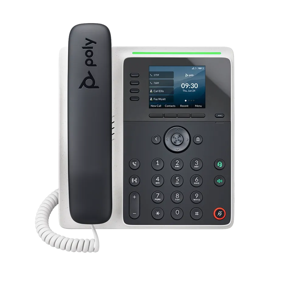 Polycom E220 desk phone shown at an angle, featuring a 2.8-inch color screen, 4 line keys, Dual Gig-E ports, and integrated Microban® antimicrobial protection.