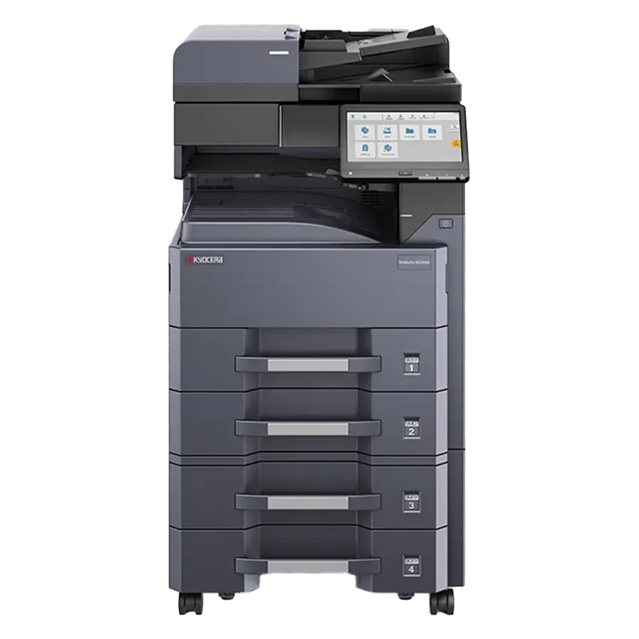 A professional product shot of the Kyocera ECOSYS M5526cdw. This all in one office printer and best printer for small business features a multi-function design and a color display panel.
