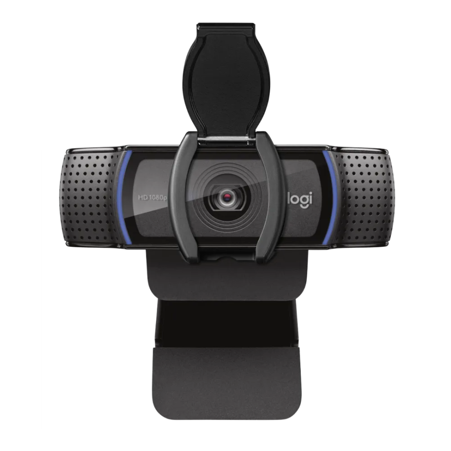 Elevate Technology front view of the black Logitech C920S HD Pro Webcam with the privacy shutter open, showing the lens.