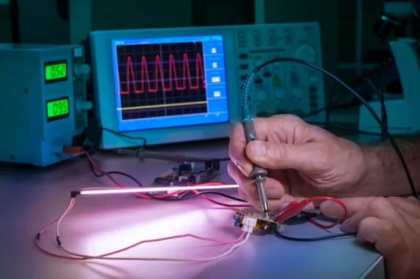 Engineer soldering electronic components with an oscilloscope displaying waveforms, symbolizing hardware testing and electronics repair, including cloud hosting, business email, and cloud email by Elevation Technology.