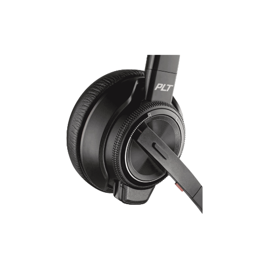 Elevate Technology close-up of the earcup and microphone boom on a black Poly Savi 8220 wireless headset.