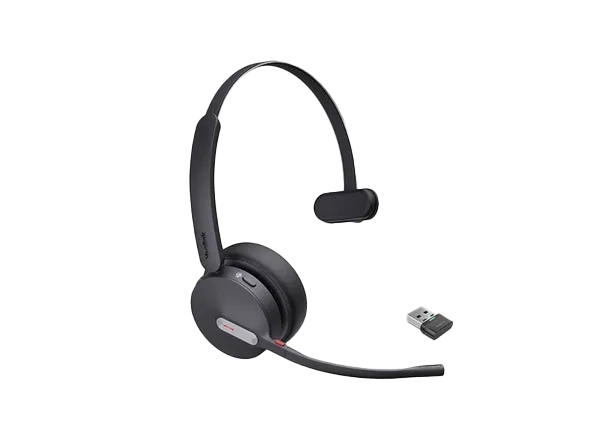 Black Yealink WH64 Hybrid Mono Headset with a microphone boom and a separate USB dongle, featuring Elevate Technology.