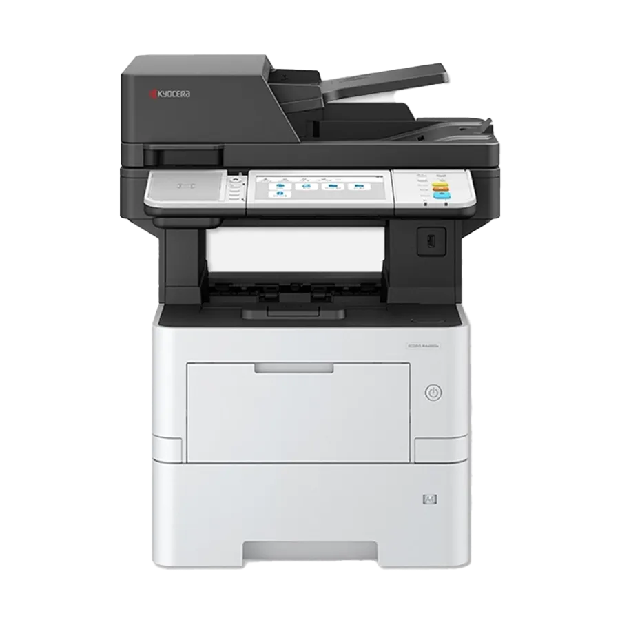 A front view of the Kyocera ECOSYS MA4500ix. This all in one office printer and best printer for small business is shown with an optional paper tray, providing increased capacity for a busy office.