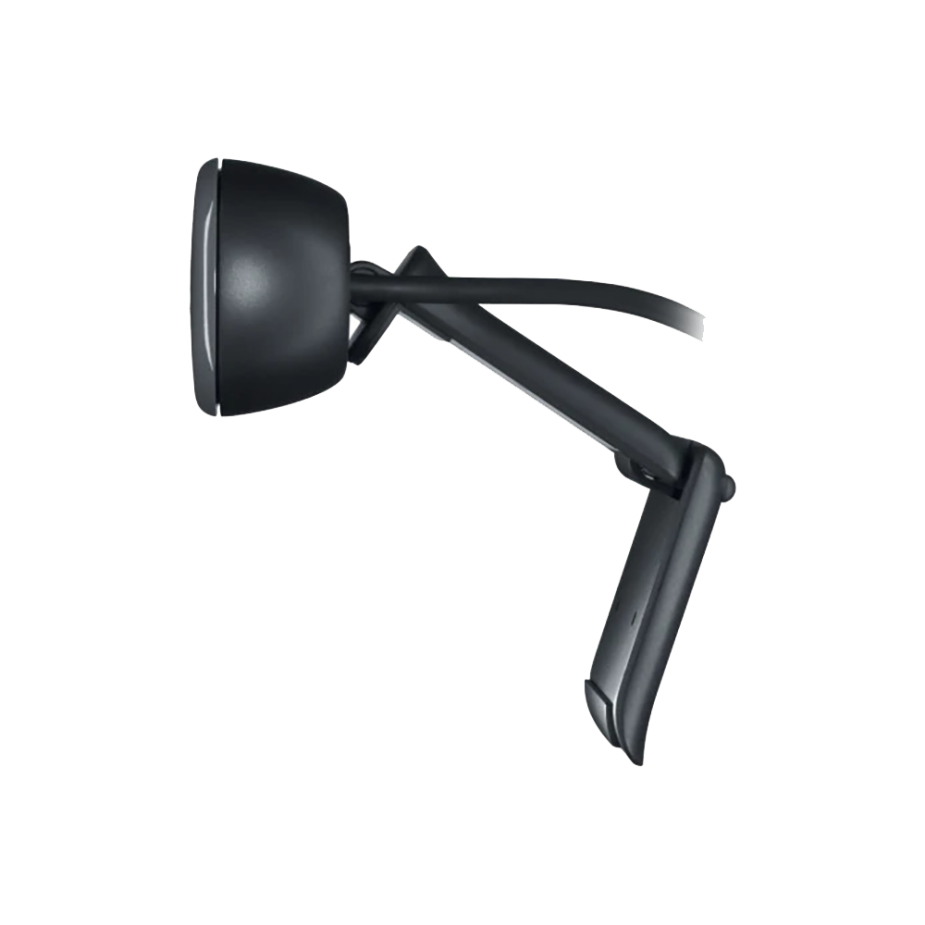Elevate Technology profile view of a dark gray Logitech C270 HD webcam showing the side of the lens unit and the adjustable mounting clip.