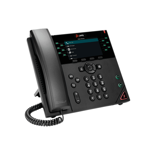 A Poly VVX 450 desk phone, a common device used with the Elevate Technology VoIP phone system. The phone is black and features a color screen, a keypad, and several programmable buttons.