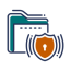 Elevate Technology icon graphic for Cyber Security, featuring a file folder with a password lock and a shield icon emitting a wireless signal.