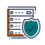 Elevate Technology icon graphic for Hardware Solutions, featuring a server rack with a shield icon and a checkmark, symbolizing secure and reliable hardware.