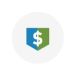 Icon of a shield split between blue and green with a dollar sign on it, representing the lower costs and financial protection of Elevate Technology's hosted PBX solutions.
