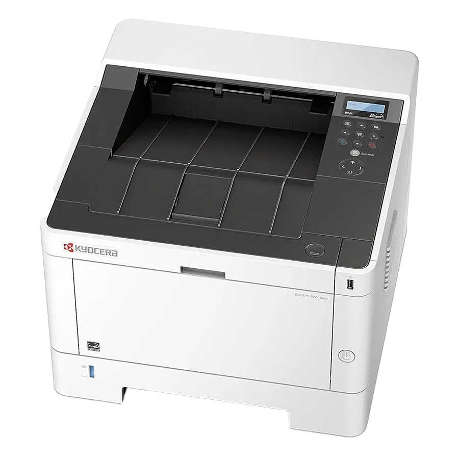 A front view of the high-volume Kyocera ECOSYS MA4500ix. This all in one office printer is the best printer for small business, shown with multi-tiered paper trays for high-volume use.