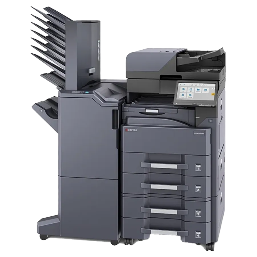 A professional product shot of the Kyocera ECOSYS MA4500ifx. This quality all in one office printer is a best printer for small business, featuring a 7-inch color touchscreen and a compact multi-function design.
