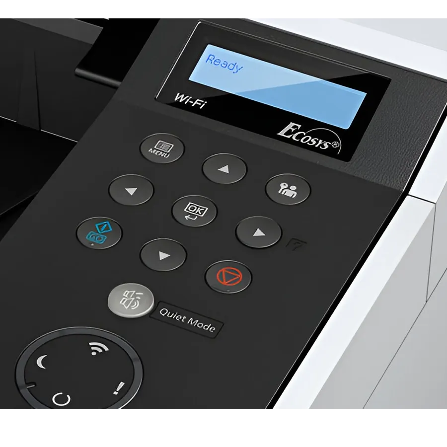 A close-up of a Kyocera printer's control panel, showing a digital screen that reads "Ready," a Wi-Fi indicator, and various buttons, including a "Quiet Mode" button.