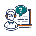 Elevate Technology icon graphic for Application Support, featuring a person with a headset in front of a whiteboard with a question mark in a speech bubble.
