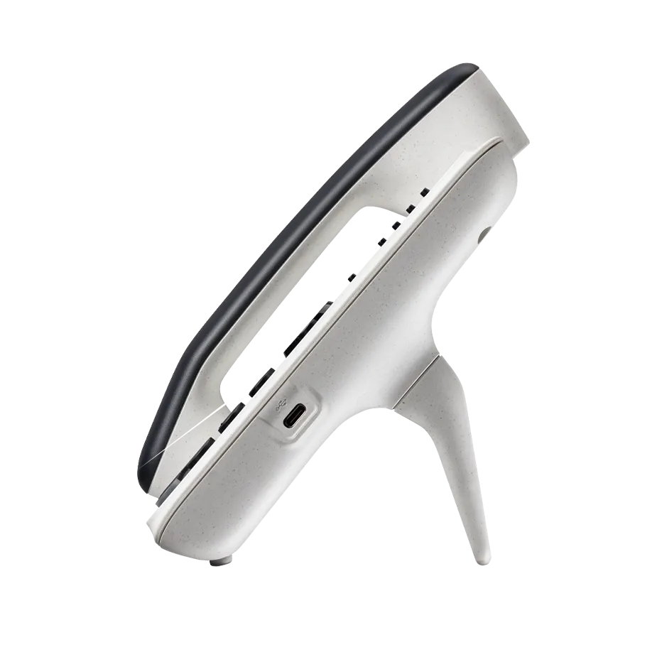 Polycom E220 desk phone shown at an angle, featuring a 2.8-inch color screen, 4 line keys, Dual Gig-E ports, and integrated Microban® antimicrobial protection.