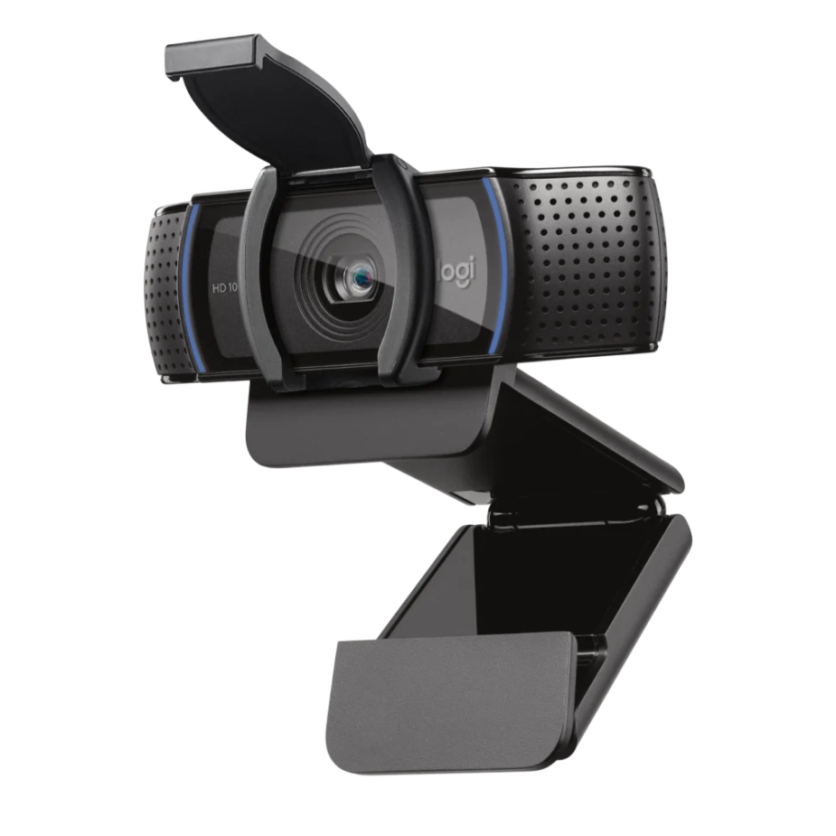 Elevate Technology black Logitech C920S HD Pro Webcam with its lens cover open, mounted on its stand.