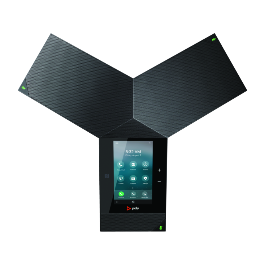 Elevate Technology overhead view of the black Polycom Trio 8800 conference phone, showing its triangular shape and central touchscreen interface.