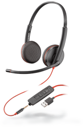 Elevate Technology red and black corded headset with a microphone, in-line controls, and USB connector.