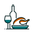 Mobile-friendly icon of a wine bottle, glass, and roasted chicken, representing specialized cloud hosting, business email, and cloud email for food services by Elevation Technology.