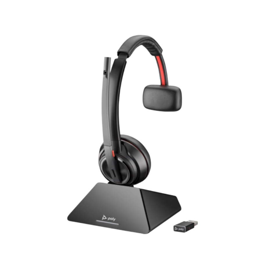 Elevate Technology Poly Savi 8210 wireless headset with a monaural earcup, boom microphone, charging base, and USB adapter.