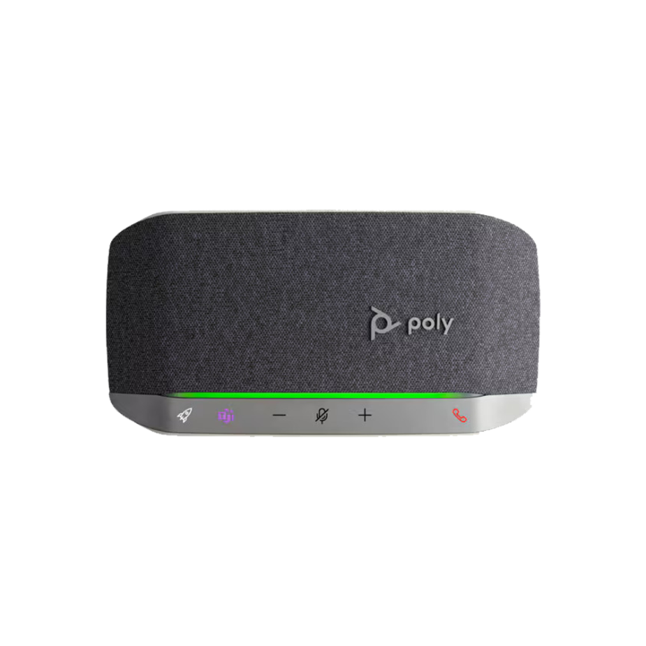 Elevate Technology front view of a gray Poly Sync 20 portable speakerphone with a fabric grille and a bright green LED light bar.