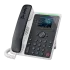 Polycom E220 desk phone shown at an angle, featuring a 2.8-inch color screen, 4 line keys, Dual Gig-E ports, and integrated Microban® antimicrobial protection.