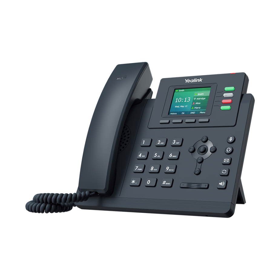 Mobile-friendly Yealink T33G desk phone with a color display and gigabit Ethernet, optimized for cloud hosting, business email, and cloud email by Elevation Technology.