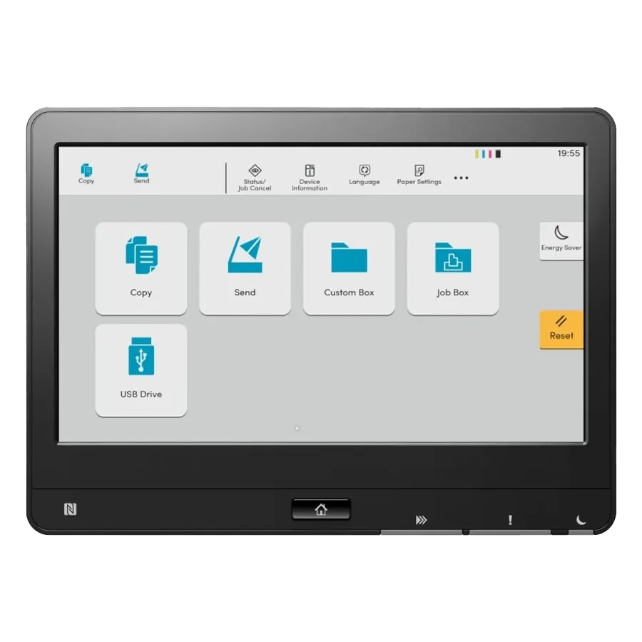 A professional image of the Kyocera ECOSYS MA3500cifx. This quality all in one office printer is a top rated home office printer and the best printer for small business, featuring a prominent color touchscreen.