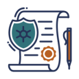 A line art icon of a scrolled document with a large seal, a security shield, and a pen. This graphic represents Elevate Technology's compliance with regulations and security standards.