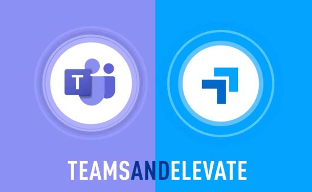 Split image with the Microsoft Teams logo on a purple background and the Elevate logo on a blue background, symbolizing the powerful integration of Teams and Elevate for a comprehensive business communication solution.