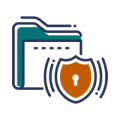 Elevate Technology icon graphic for Cyber Security, featuring a file folder with a password lock and a shield icon emitting a wireless signal.