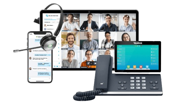 A headset, a smartphone displaying a chat app, a tablet showing a video conference call, and a desk phone with a video screen are all arranged together. The text at the bottom reads, "PHONE / MEETINGS / SMS / CHAT / FILES."