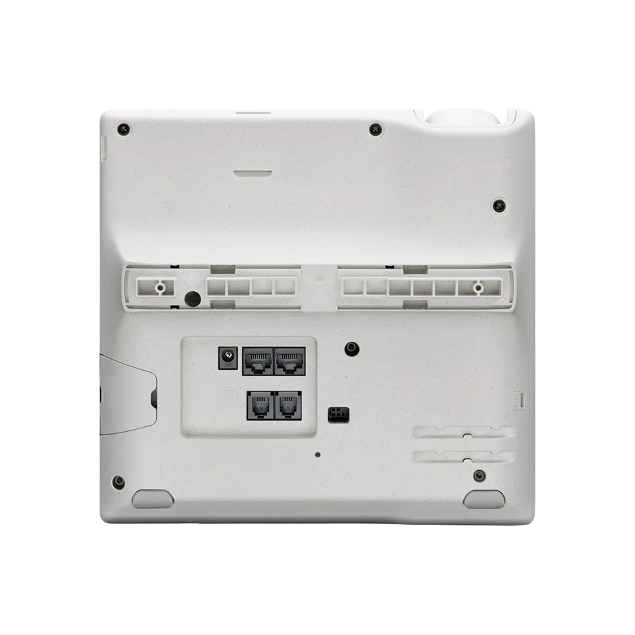 Back view of the Polycom E450 desk phone showing the connectivity ports for network and phone lines, featuring Elevate Technology and Elevation Technology.