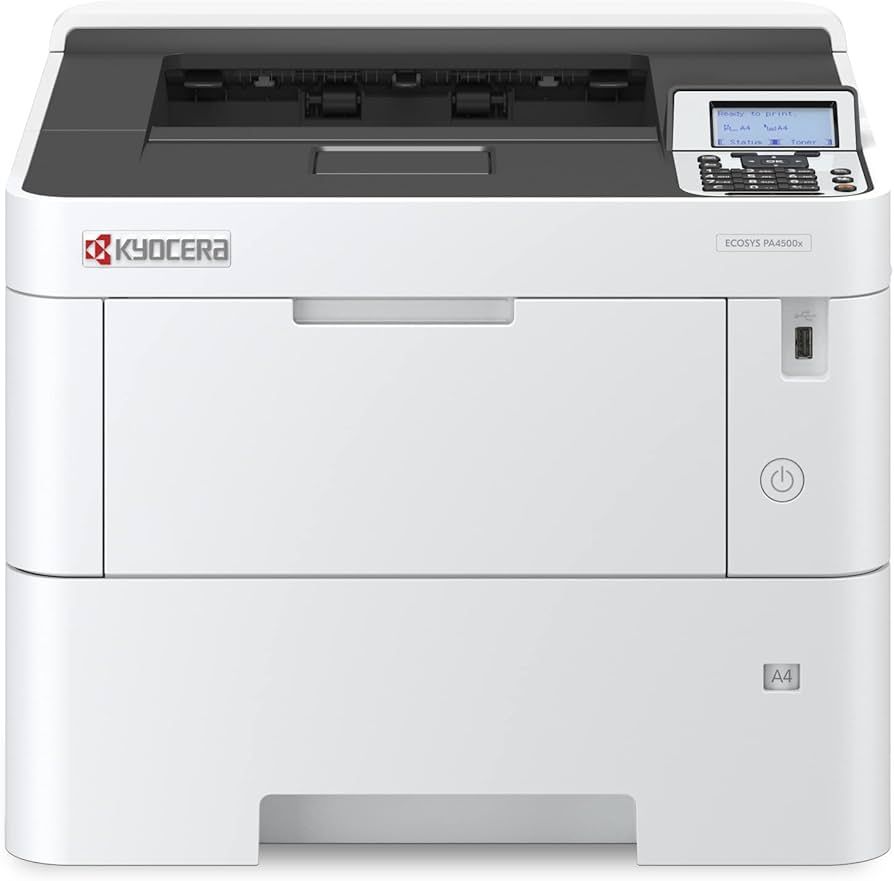 Elevate Technology white Kyocera ECOSYS PA4500X laser printer with a white paper tray, black top, and small LCD control panel.