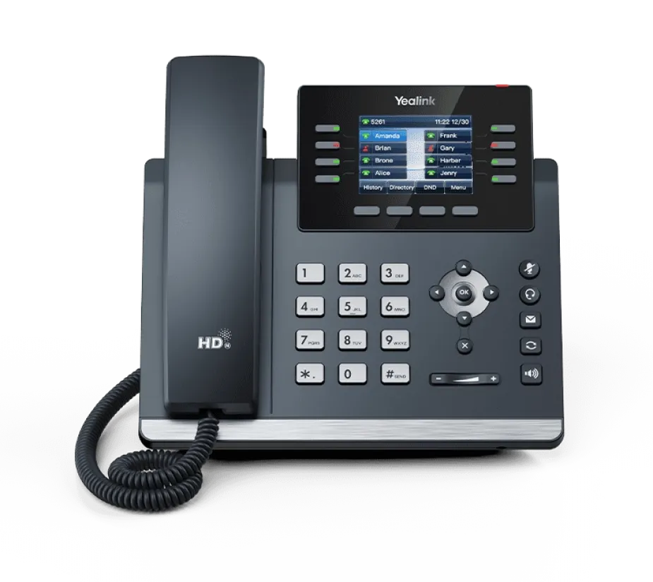Yealink T44W VoIP phone shown on its stand, featuring Dual-port Gigabit Ethernet, built-in Dual Band Wi-Fi, Bluetooth 4.2, and Optima HD Voice technology.