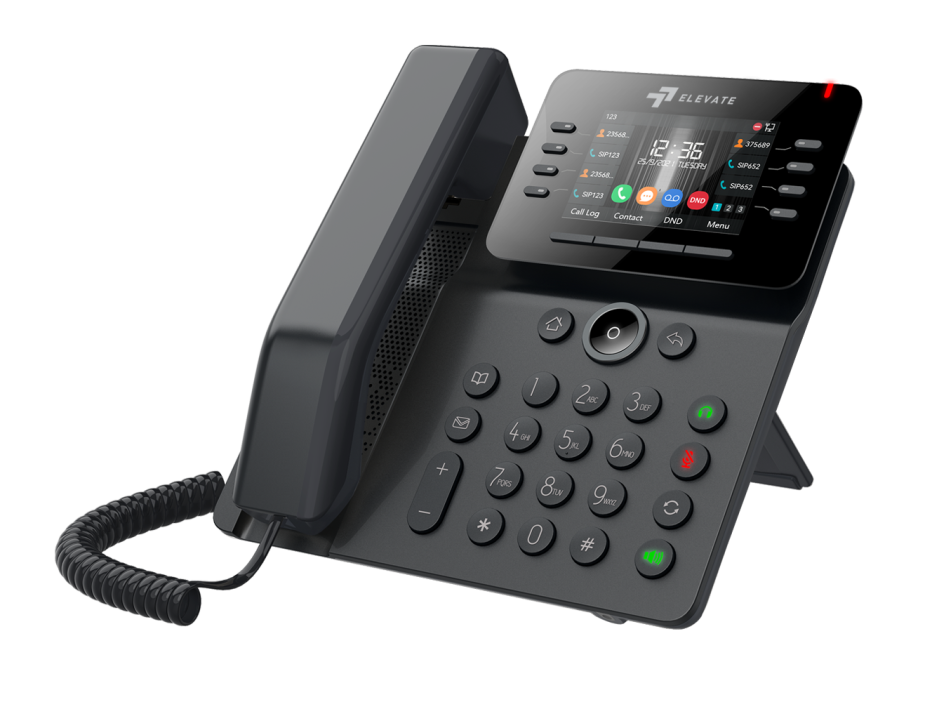 Elevate Technology black Elevate V64 IP Desk Phone product page, showing the phone with its large color screen and feature list.
