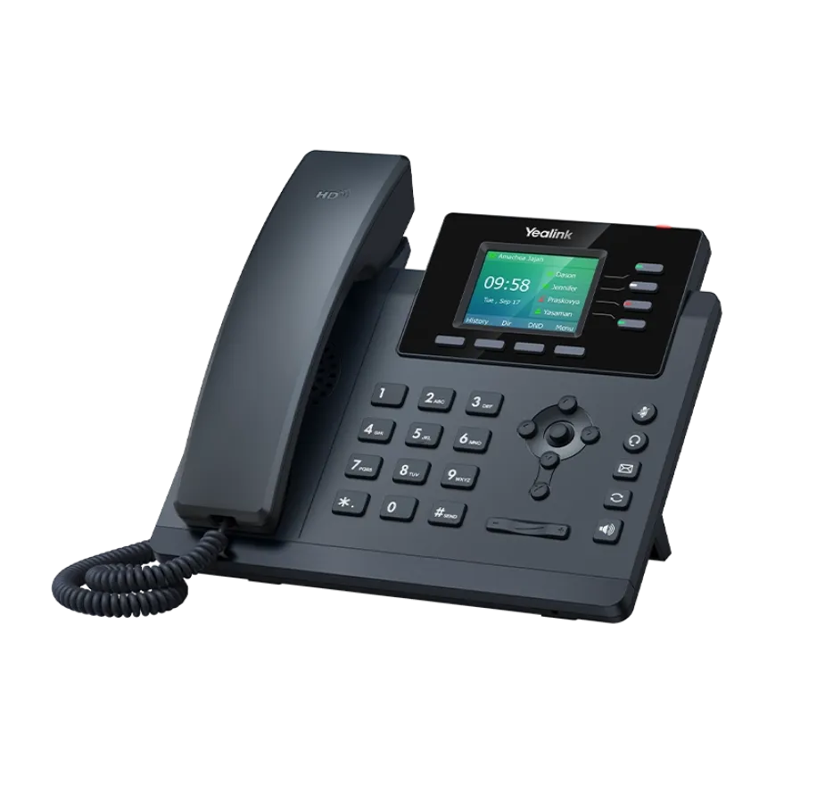 Yealink T34W Desk Phone (front view) with the handset cradled on the base, showing the color LCD screen and keypad, featuring Elevate Technology and Elevation Technology.
