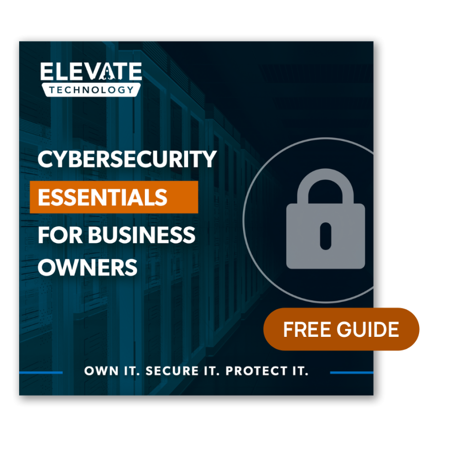 Elevation Technology's free guide: 'Cybersecurity Essentials for Business Owners'. Features a padlock icon and server racks.