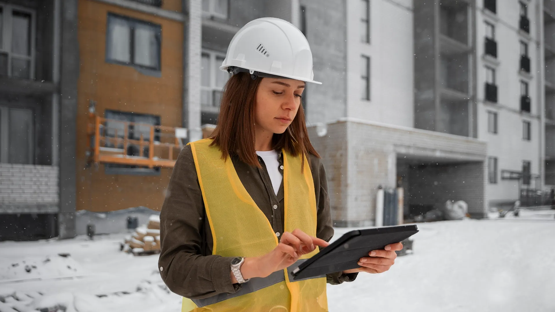 Construction project manager on a job site wearing a hard hat and safety vest, using a tablet to review project plans and coordinate crews with the aid of the Elevation Technology platform.