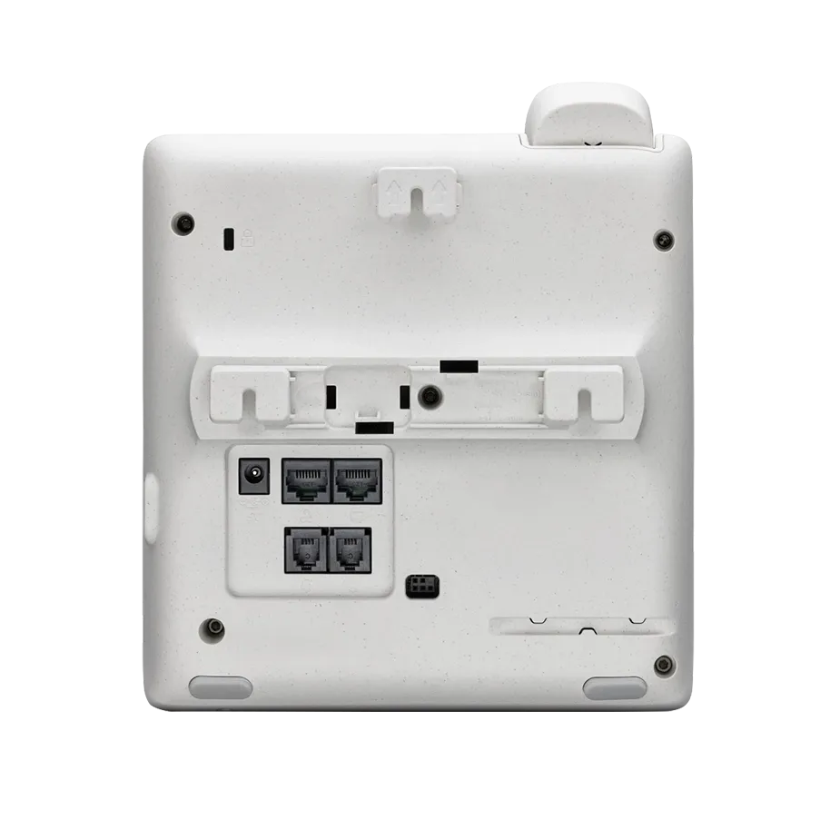 Polycom E100 VoIP desk phone back view featuring a 2.8-inch color IPS LCD, Dual GigE Ethernet ports with PoE, and integrated Microban® antimicrobial protection.