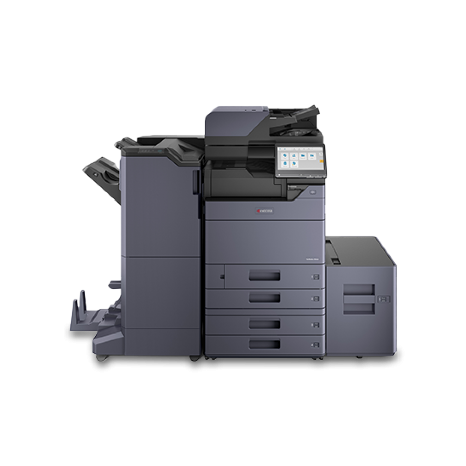  A Kyocera TASKalfa 3554ci printer with a document finisher and a large side tray module.