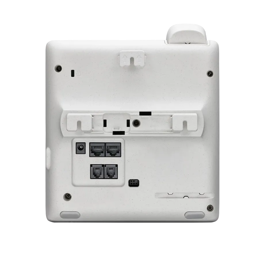 Polycom E220 desk phone shown at an angle, featuring a 2.8-inch color screen, 4 line keys, Dual Gig-E ports, and integrated Microban® antimicrobial protection.