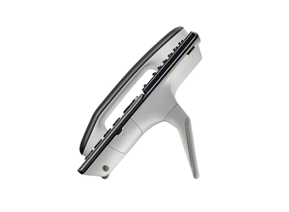 Side-profile view of the Polycom E550 IP Phone showcasing its modern, ergonomic stand and the angle of the handset, highlighting its sleek design.