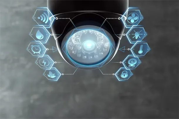 Elevate Technology image of a black dome security camera with a digital overlay of various smart home and security icons, including Wi-Fi, a fan, water droplets, a light bulb, temperature, and a padlock.