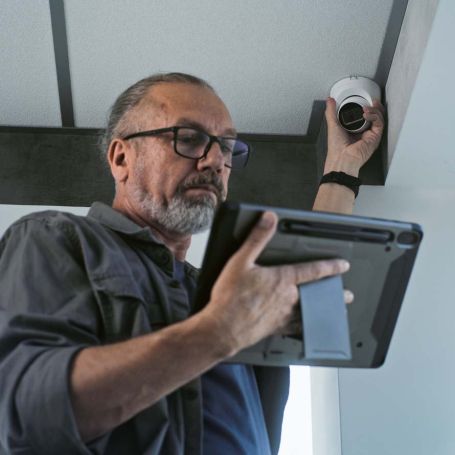 Technician installing a security camera.