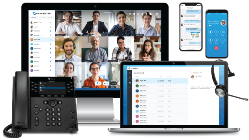 A montage of various devices—a VoIP phone, laptop, monitor, and smartphones—all displaying Elevate Technology's communication and collaboration applications.