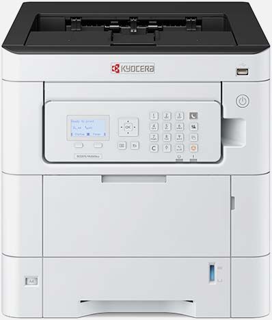 White Kyocera Ecosys PA3500CX printer with a prominent, centralized control panel, LCD screen, and full numeric keypad.